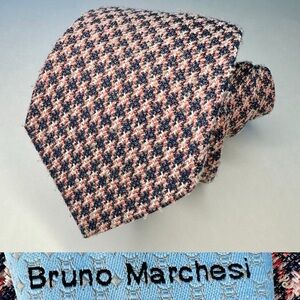 BRUNO MARCHESI Silk Cotton Textured Navy & Pink Houndstooth Classic Tie, 3”